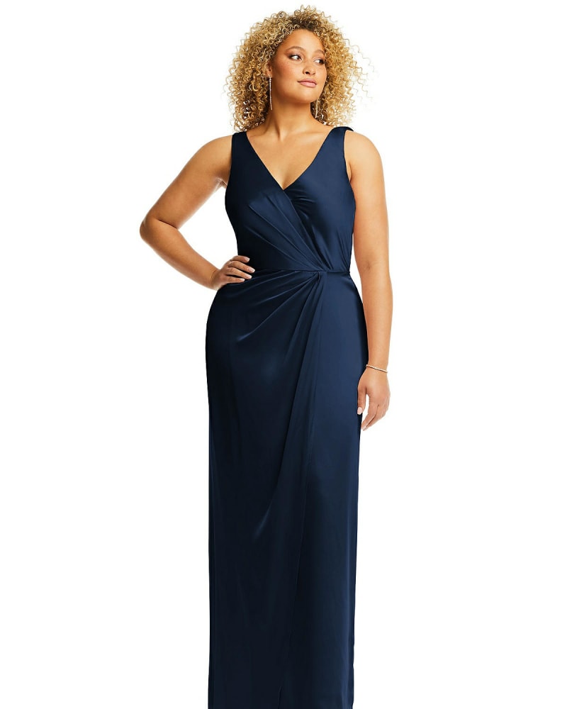 Front of a model wearing a size 20W Faux Wrap Whisper Satin Maxi Dress with Draped Tulip Skirt in Midnight Navy by After Six. | dia_product_style_image_id:266970
